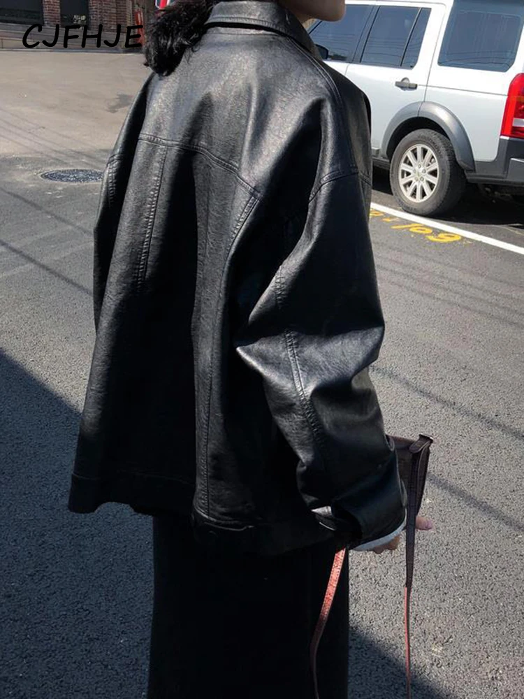 CJFHJE Black Winter Leather Jacket Women Korean Loose Thin Moto Jacket Female Autumn Fashion Streetwear Lady Outerwear Coats