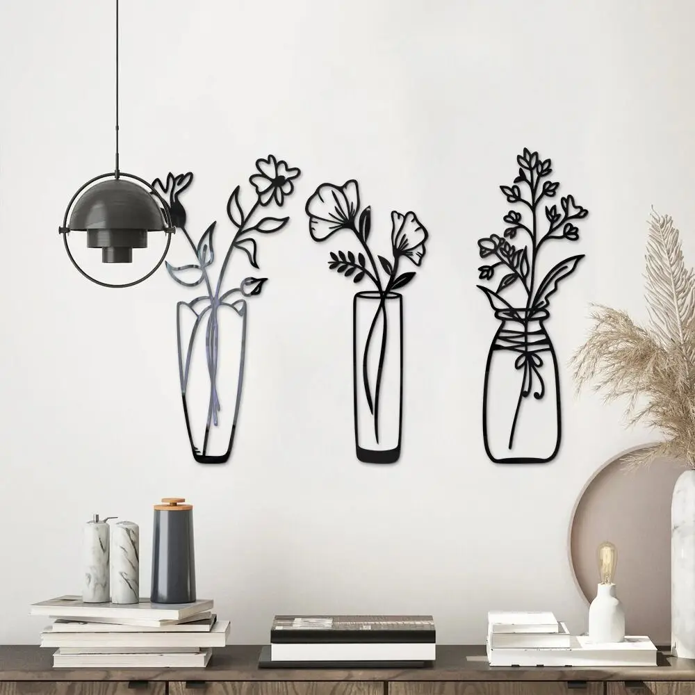 3PCS/Set 3D Flower Vase Wall Stickers Acrylic Self-adhesive Mirror Surface Decals Potting Plant Home Decor Living Room Ornament