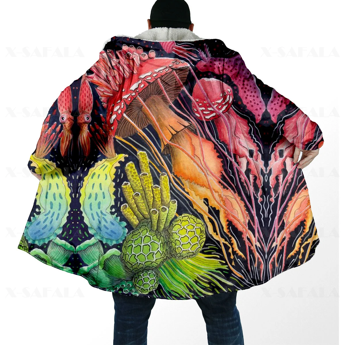 Trippy Psychedelic Mushroom Fungus Thick Warm Hooded Cloak Men Overcoat Coat Windproof Fleece Cape Robe Hooded Blanket-2