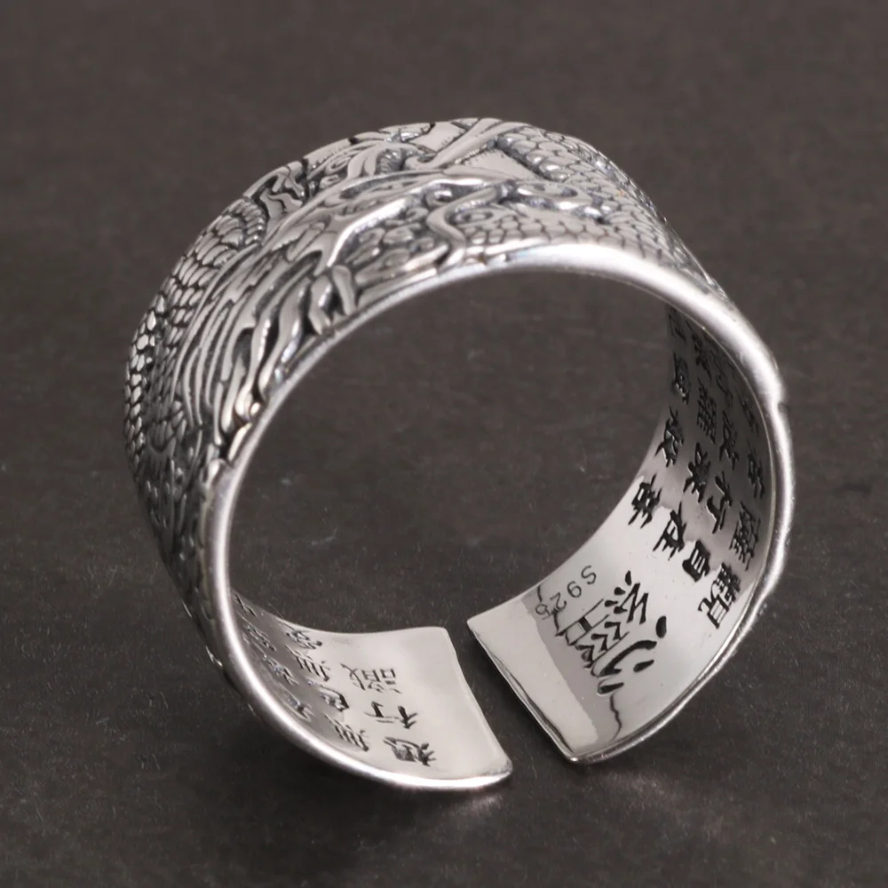 Real 925 Pure Silver Mens Biker Rings With Flying Dragon Vintage Punk Style Heart Sutra Engraved Buddhism Animal Jewelry