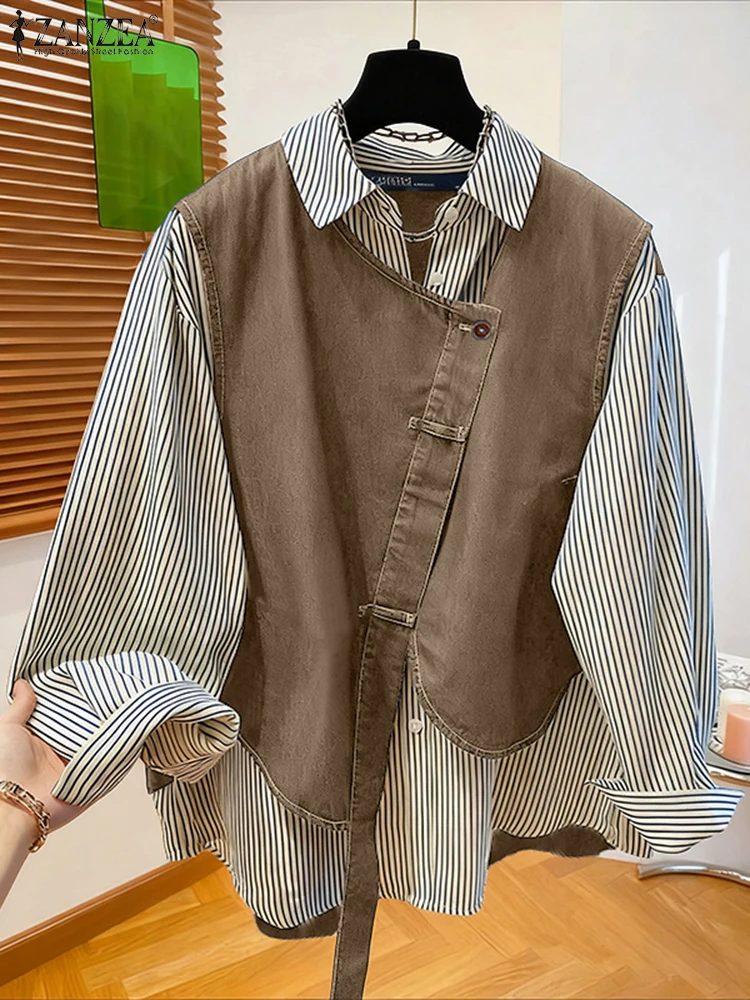 Women Long Sleeve Stripe Casual Blouse