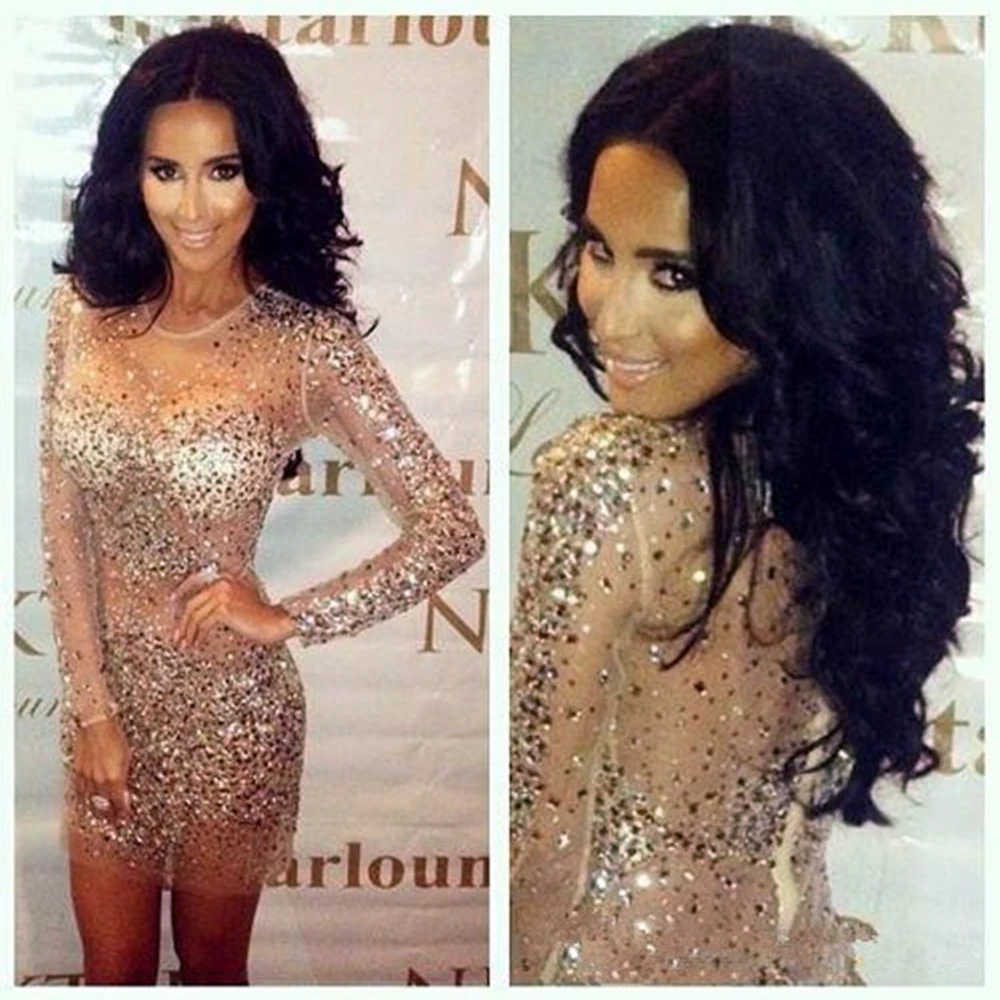 Sexy Robe De Long Sleeve Sheer Neck Bling Champagne Crystals Beads Sheath Short Party Mother of the Bride Dress Graduation Robes