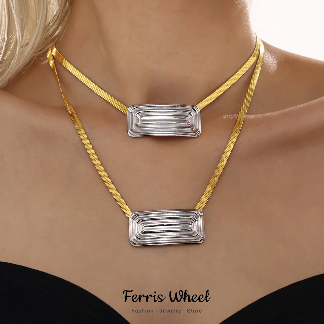 Doppelte Farben glänzende Halskette für Frauen vergoldet quadratischer Anhänger Luxus wasserdicht elegant Schlangenkette Schmuck Geschenk