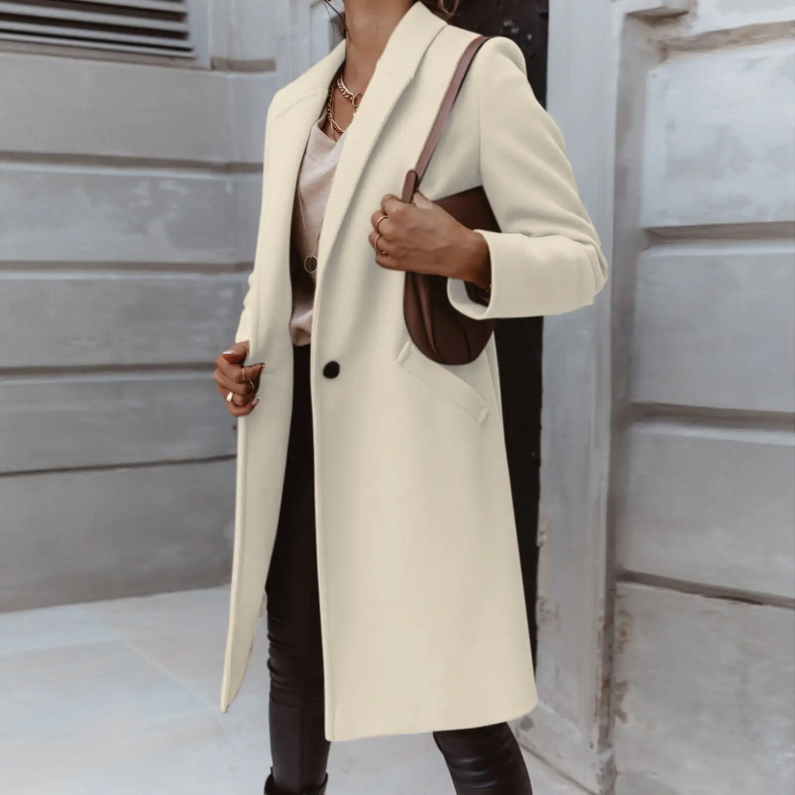 Women Breasted Drop Shoulder Coat Winter Long Trench Pea Coat,Winter Mid-Long Trench Collar Breasted Coat