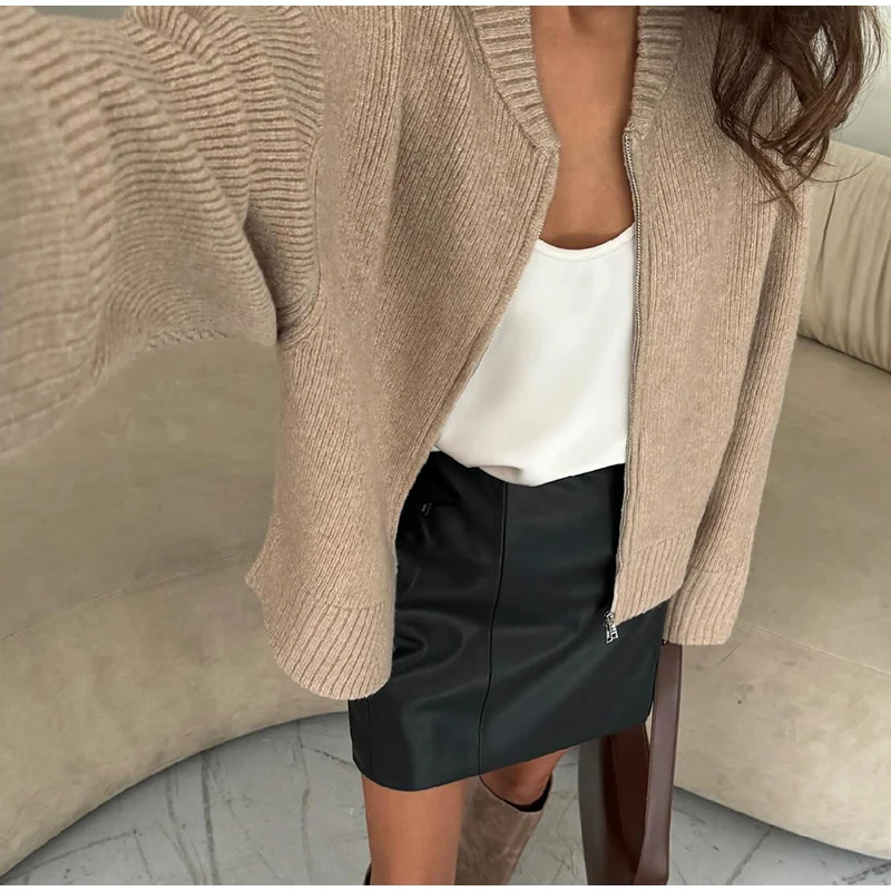 Vintage Knit Zipper Cardigan For Women Solid Loose O Neck Long Sleeve Sweater Top Female Fall Winter All-matching Knitwear