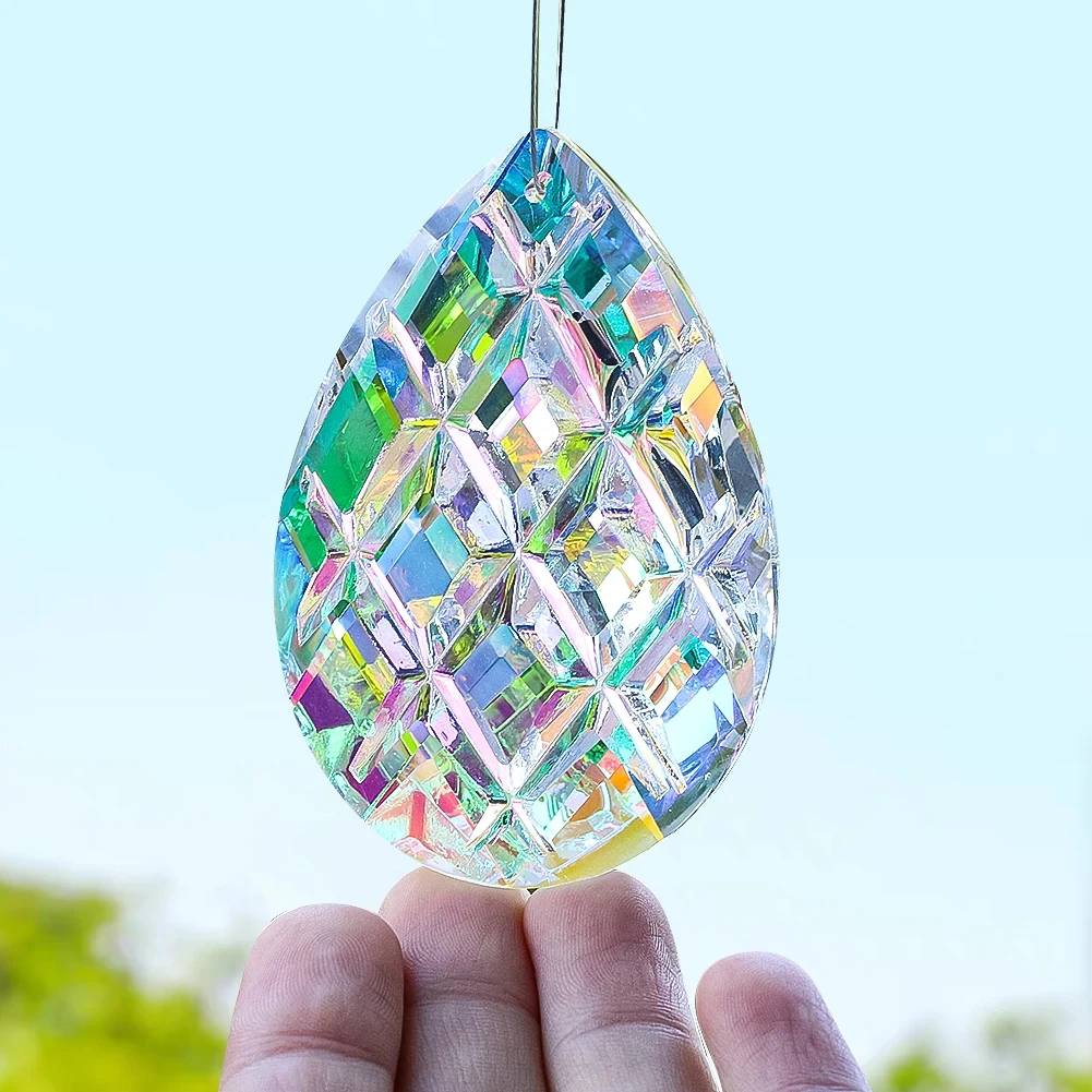 Waterdrop Grid Crystal Suncatcher Glass Prism Window Hanging Decor Rainbow Maker Chandelier Lamp Pendant for Window Ornament