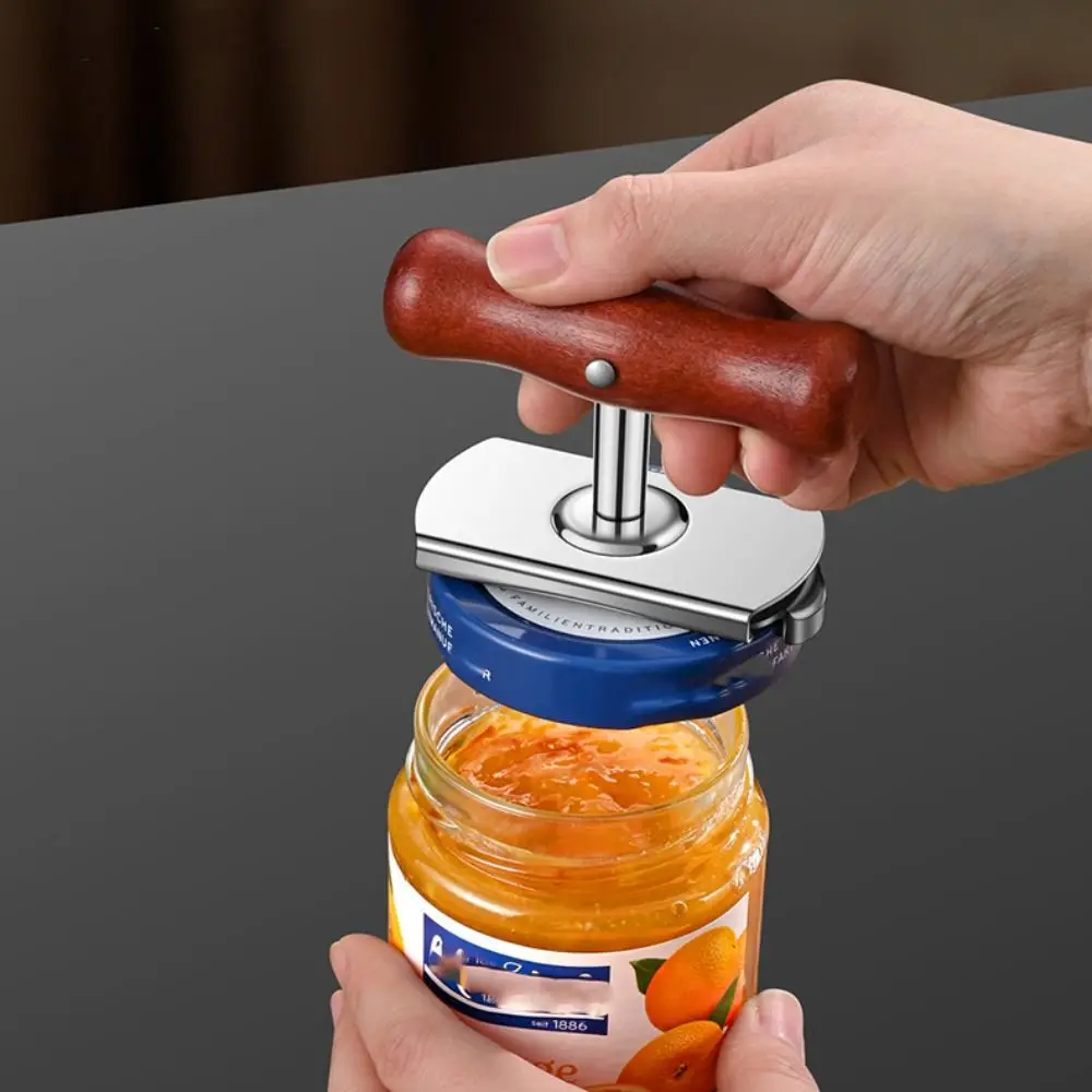 Kitchen Gadget Adjustable Screw Can Opener Stainless Steel Wood Handle Jar Opener Rotary Labor-saving Bottle Cap Remover