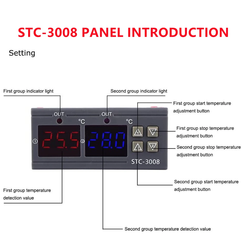 STC-3008 듀얼 디지털 LED 온도 컨트롤러 온도 조절기 인큐베이터, 프로브 포함 릴레이 출력 온도조절기 2 개, 12V, 24V, 220V