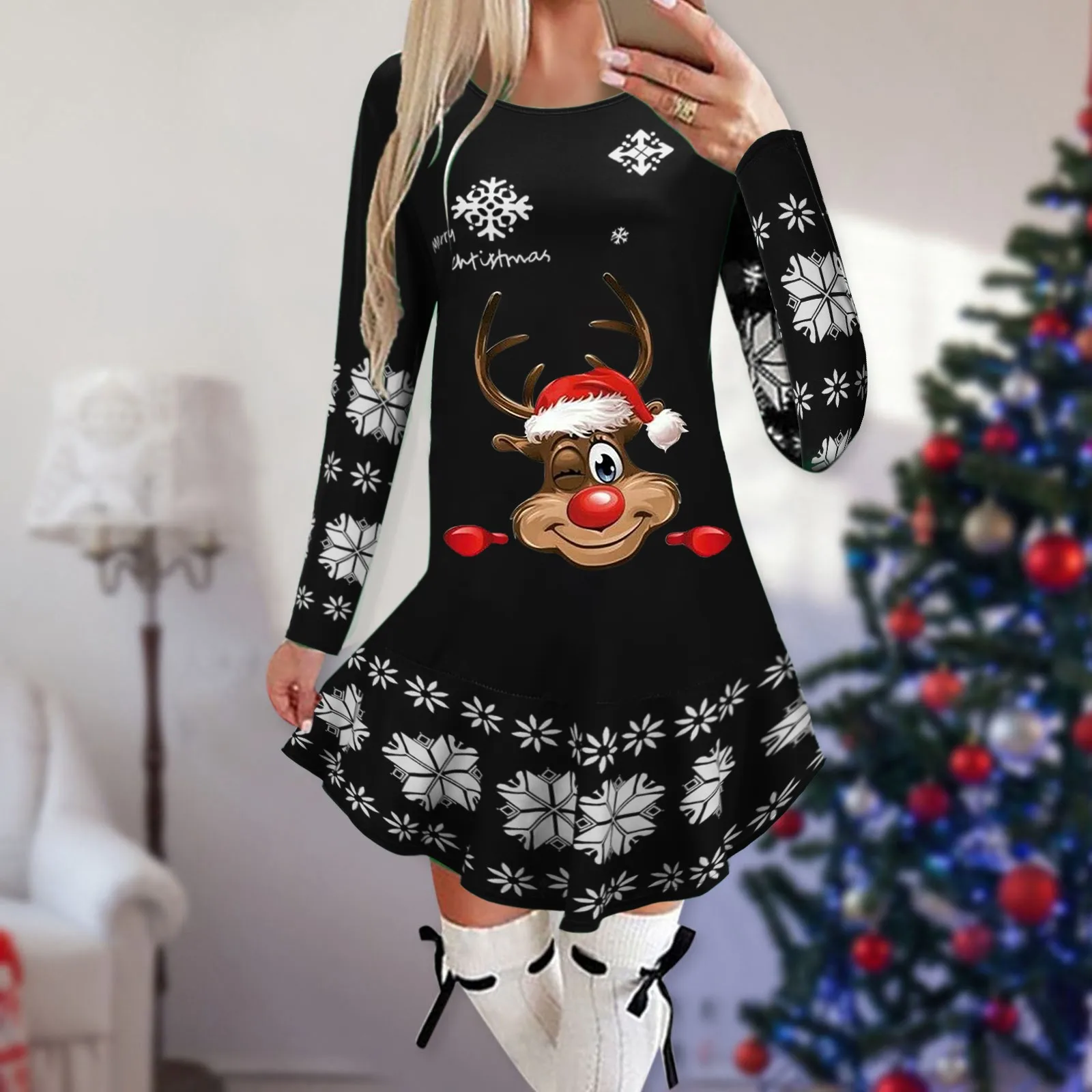 

Christmas Dresses For Women Snow Print Long Sleeve Mini Fashion Ladies Holiday Hollow Out Bodycon Dresses New Year 2023