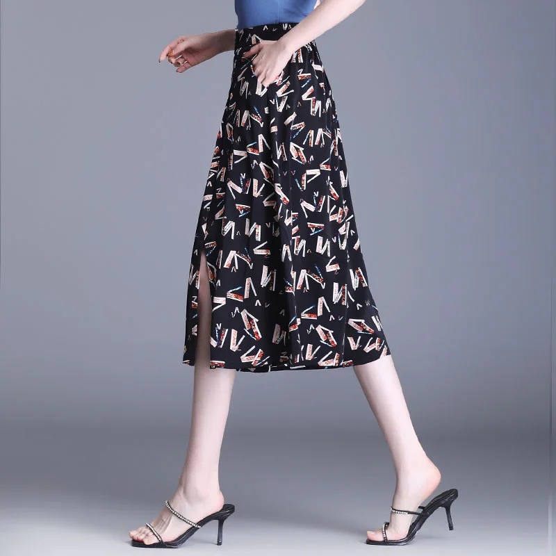 Summer Fashion Women Chiffon Shirt Appear Thin Loose Letter Printing Casual Large Size High Waisted Thin Style Trouser Skirts