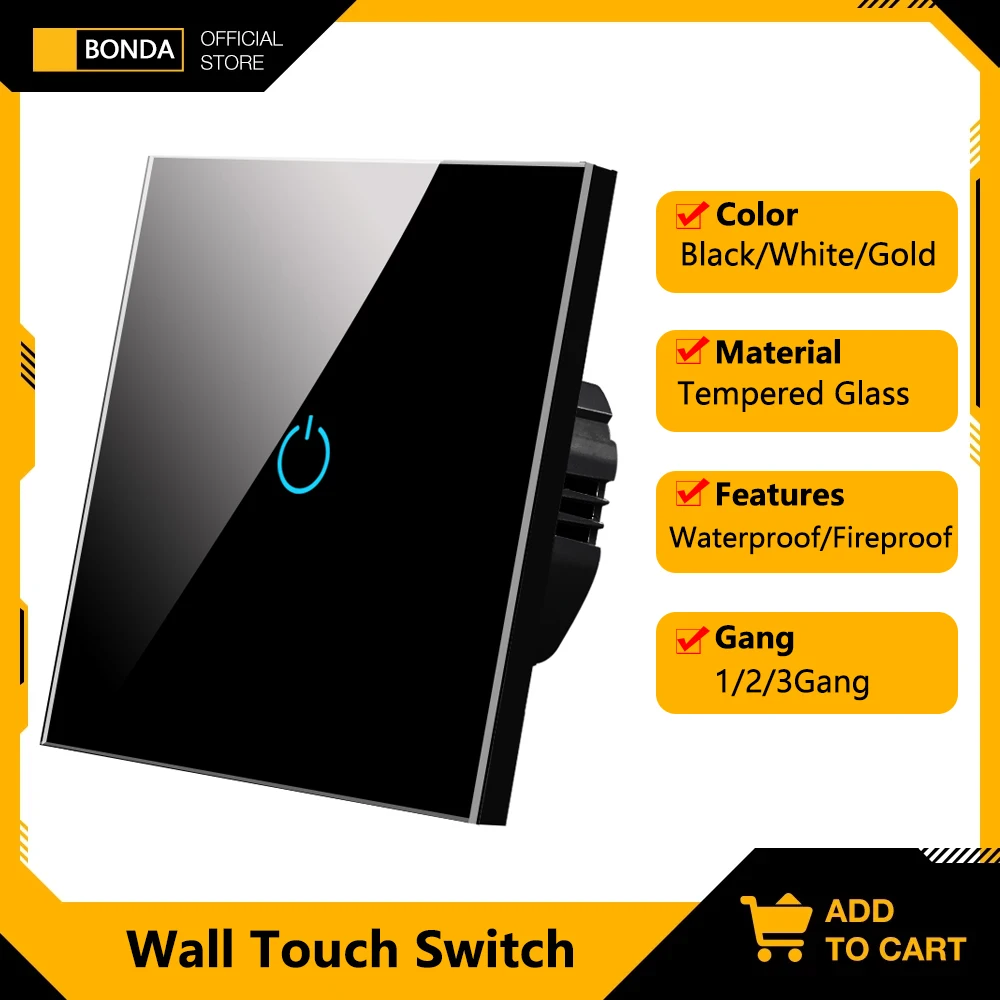 BONDA Wall Touch Switch 220V EU Standard Tempered Crystal Glass Panel Power 1/2/3 Gang 1 Way Light Sensor Switches Waterproof |