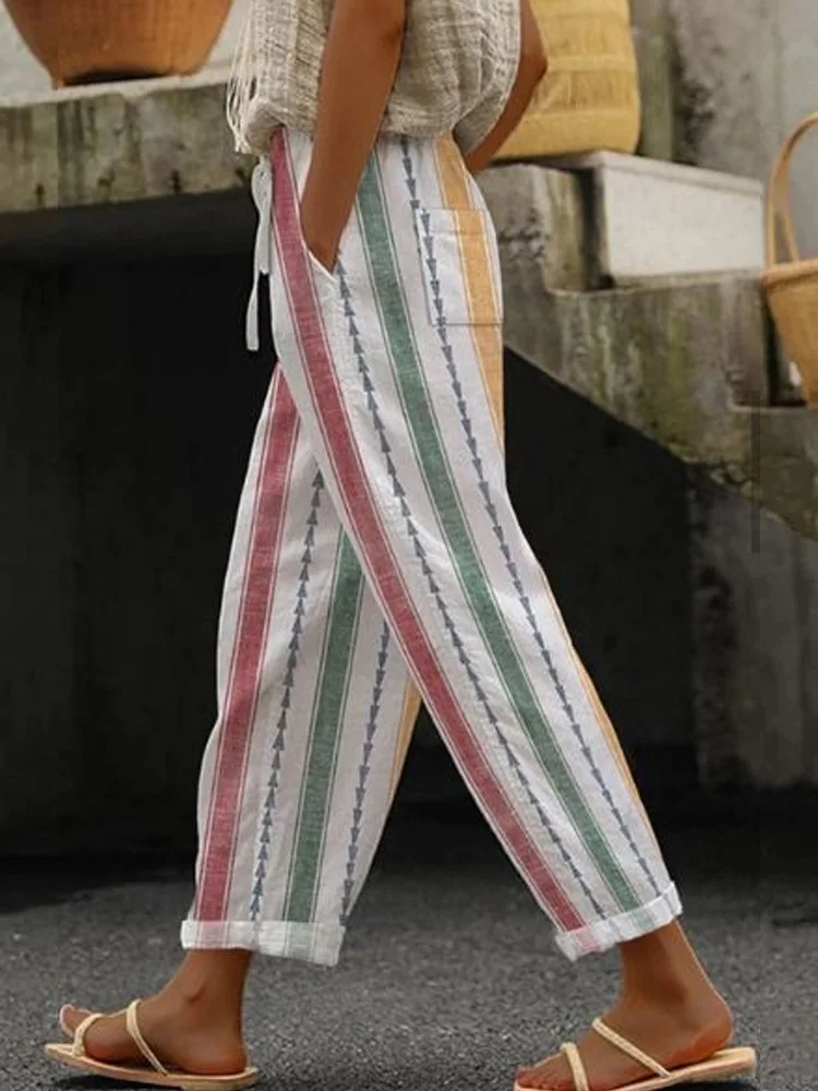 2025 New Women's Trousers Vertical Striped Drawstring Elastic Waist Pocket Fashion Street Versatile Casual Pants