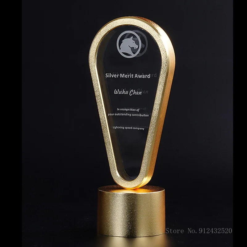 Personalized Custom Metal Geometric Shape Base Crystal Trophy, Electroplating Gold, Creative Event, Souvenir, Home Decoration