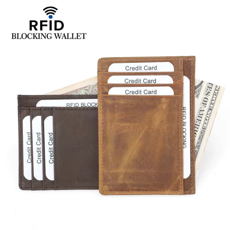 100% Genuine Cow Leather Card Holder Men Women Bank ID Card Holder Case RFID Blocking Vintage Pocket Wallet