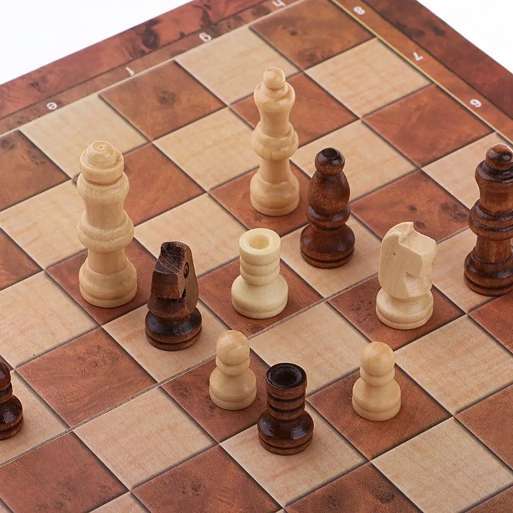 Folding Wooden Chess Set Deluxe Chess Checker Backgammon International Set Traditional Board Game for 2 Players