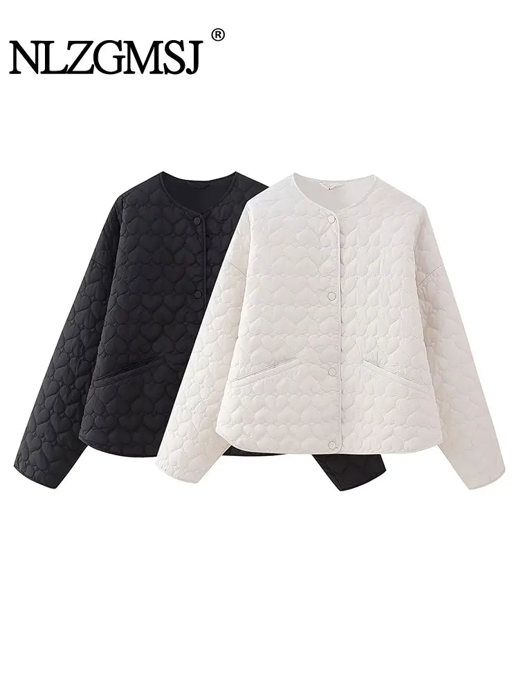 

ZaZevity Winter Women White Bomber Jackets 2023 Elegant Black Heart Coats Woman Long Sleeves Autumn Outerwears