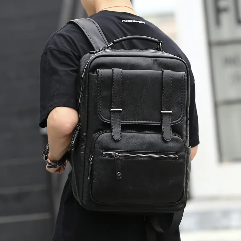 Simple Fashion Men's Backpack Soft Pu Leather Backpack Men Large Capacity 14inch Laptop Bag Students Schoolbags Travel Back Pack 2