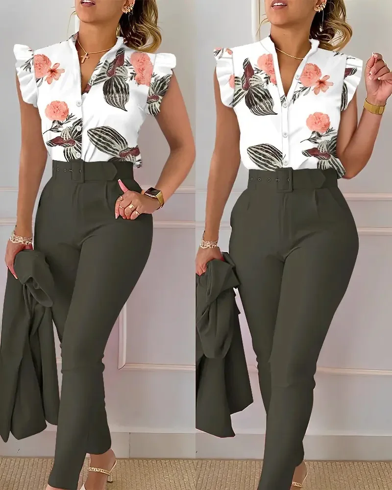 2023 Two Pieces Sets For Women Slim Fit Formal Office Suits Elegant Print  Shirt And Pants Sets Women Social Dress Office Fashion - AliExpress