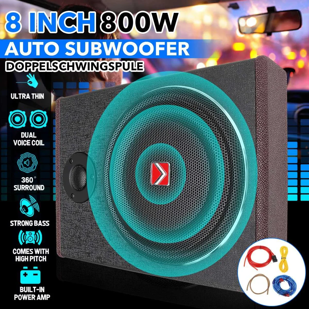800W Car Seat Subwoofer Speaker Alloy Shockproof Power Amplifier Active Subwoofers Car Stereo Audio Processor Music Player