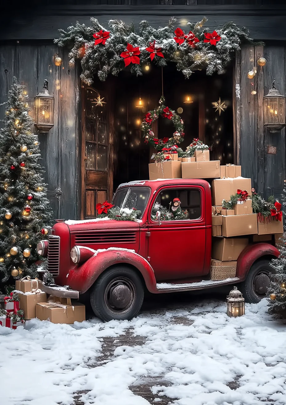 Fotohintergrund Weihnachtsmann-Spielzeugladen – 2,1x1,5 M, Baumwolle – Mit Weihnachtsbaum, Zuckerstangen, Winterlicher Landschaft – Für Weihnachtsfotos & Dekoration