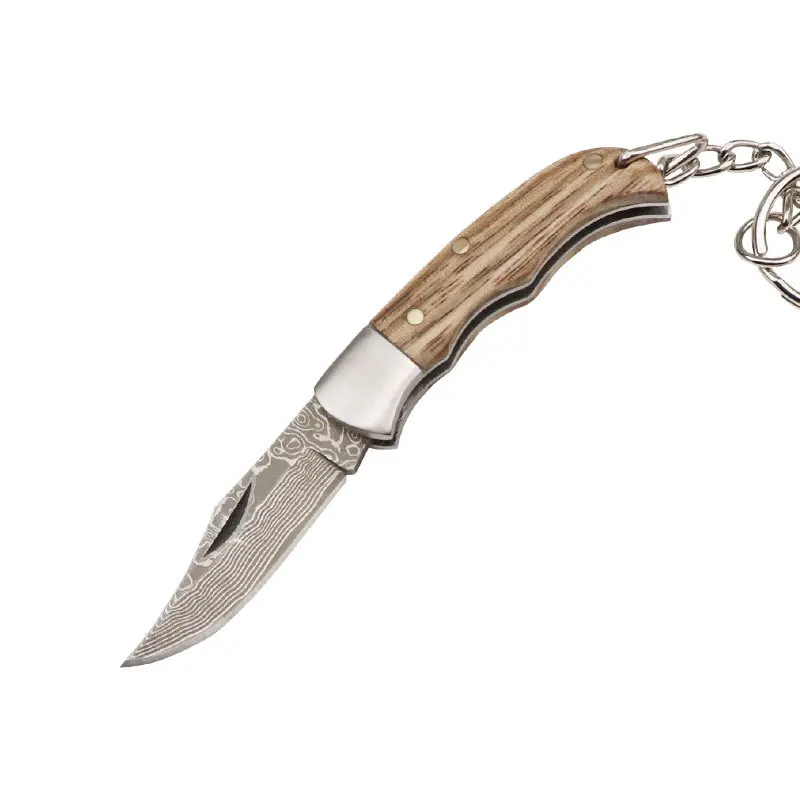 Damascus Knife Wooden Handle Folding Knife Outdoor Camping Portable Portable Mini Key Buckle Multi-functional Emergency Rescue