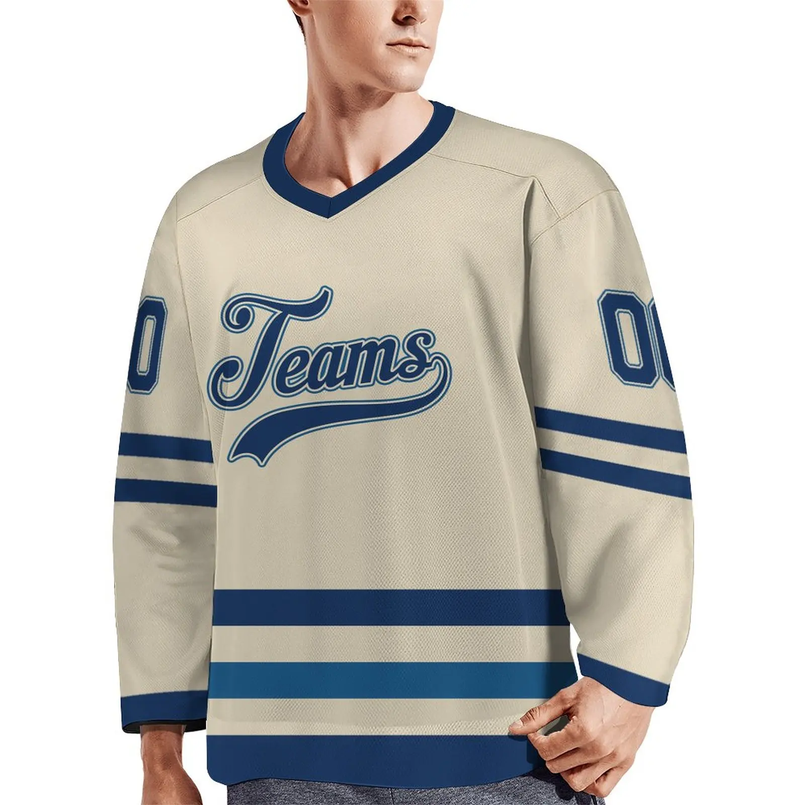 Personalized Cream Navy V-Neck Hockey Jersey - Custom Team Name & Number Sports Uniform for All Ages
