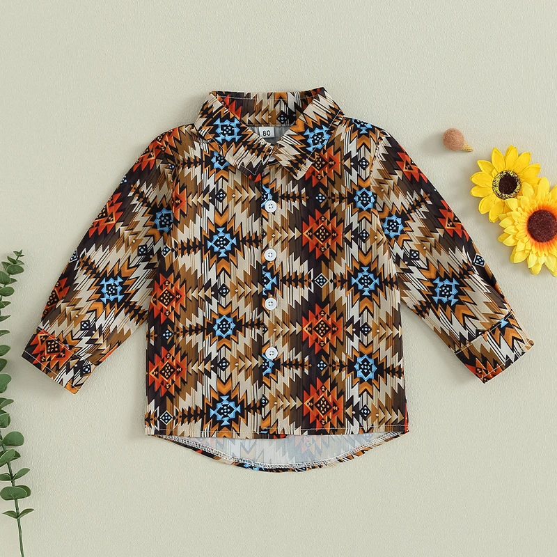 FOCUSNORM 0-4Y Toddler Boys Western Shirts Tops Long Sleeve Lapel Cow Pattern Print Autumn Single Breasted Outwear