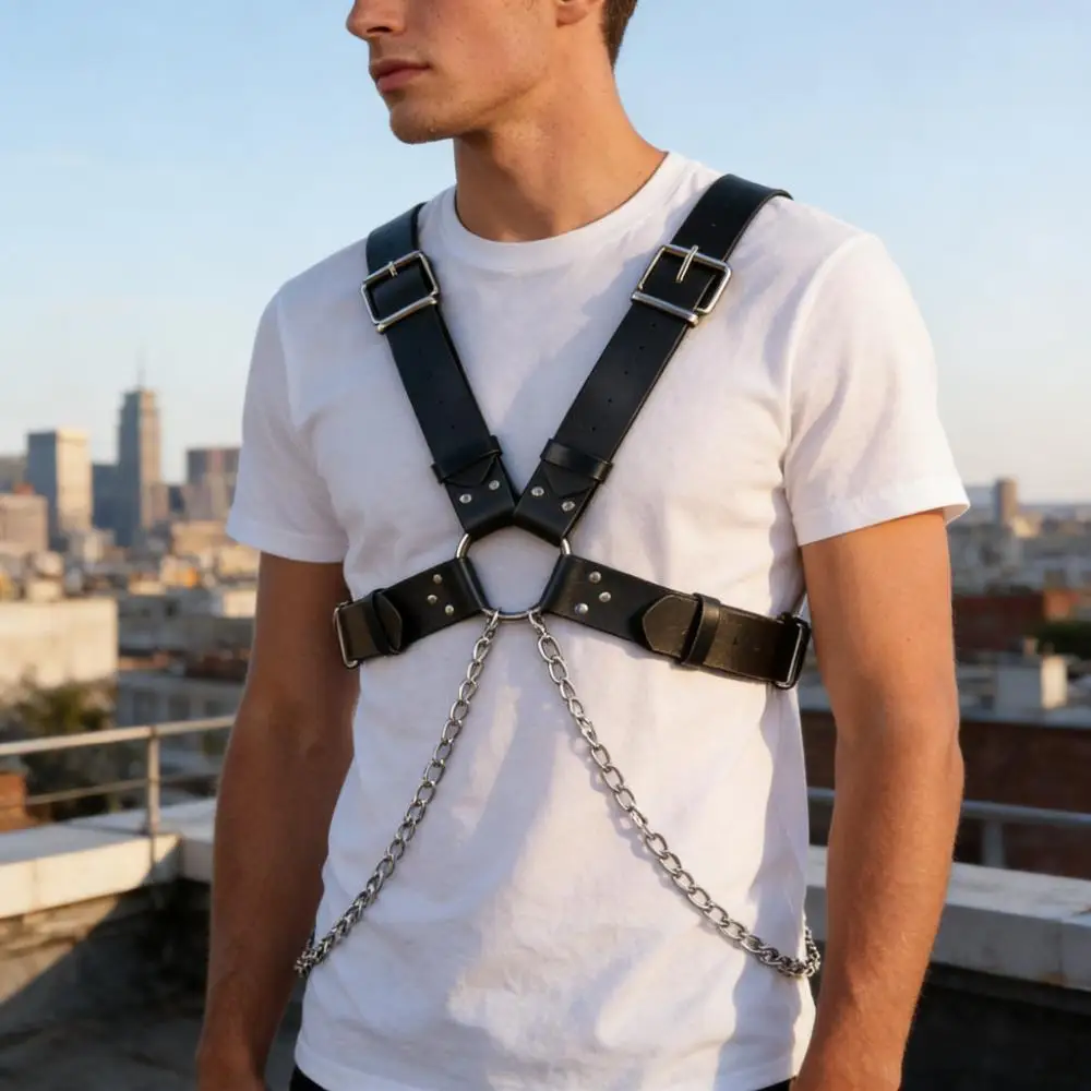 Herren-Körper-Brustgurt aus Kunstleder mit Kette, für Daliy Wear, Paty, Cosplay, Punk-Stil