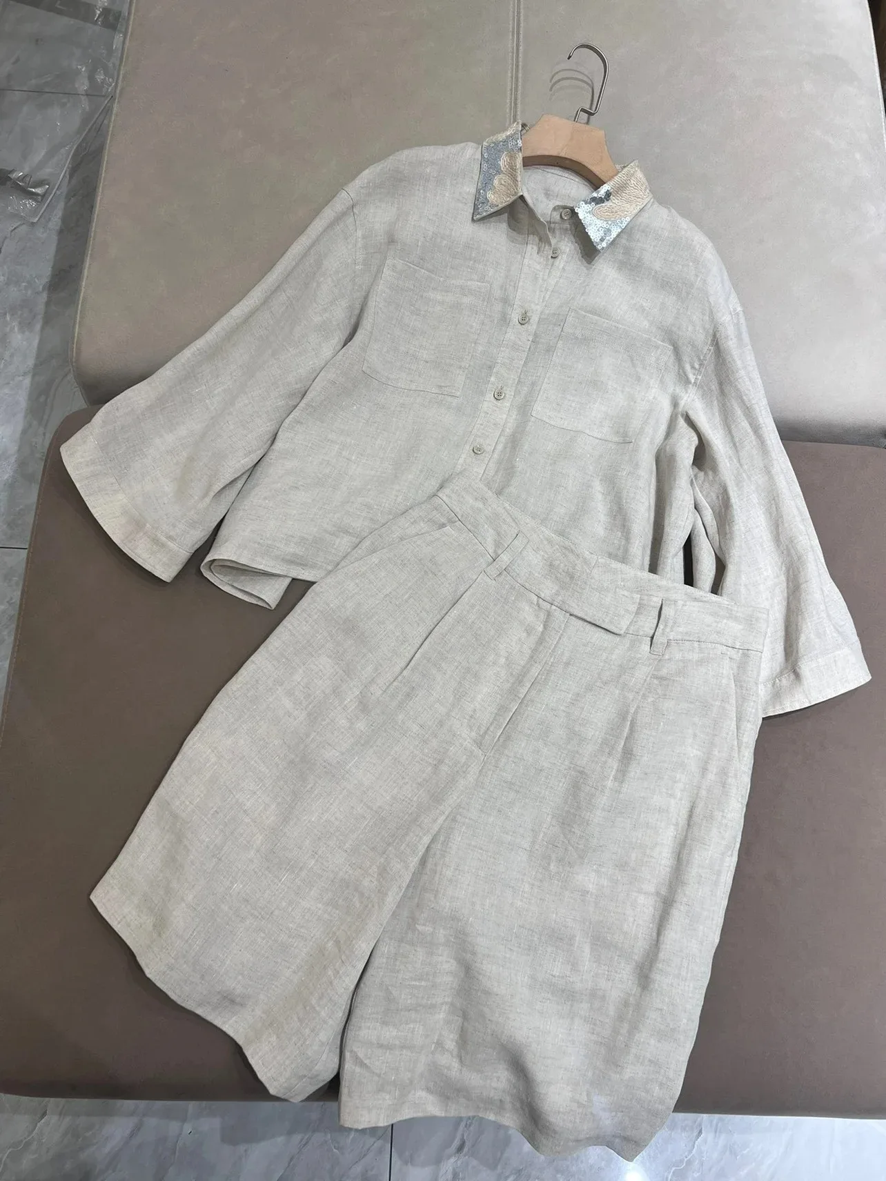 

2024 B * C Spring/Summer Linen Women's Shorts Set Shirt Top+High Waist Shorts 2-piece Women's Wear