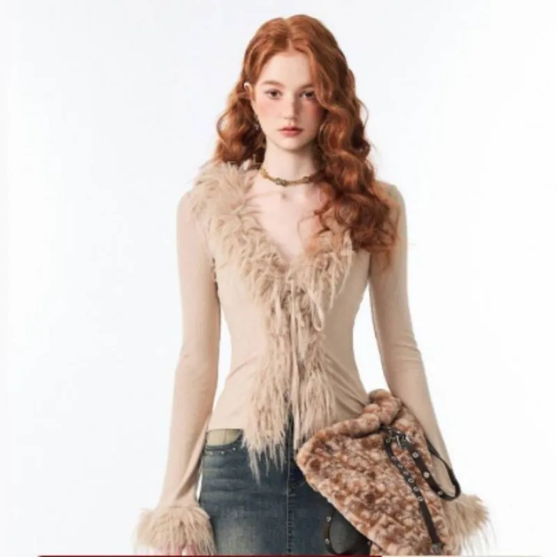 Falešný kožich patchwork moka bundy roztomilá Y2K kabáty ženy podzim zima 2024 hnědá vintage vynosit elegantní móda svetr bunda
