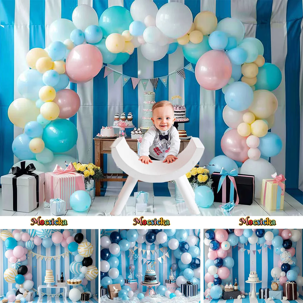 

Mocsicka Boy Birthday Party Background Poster Blue White Striped Arch Balloon Wall Backdrop Kids Dessert Table Photo Photocall