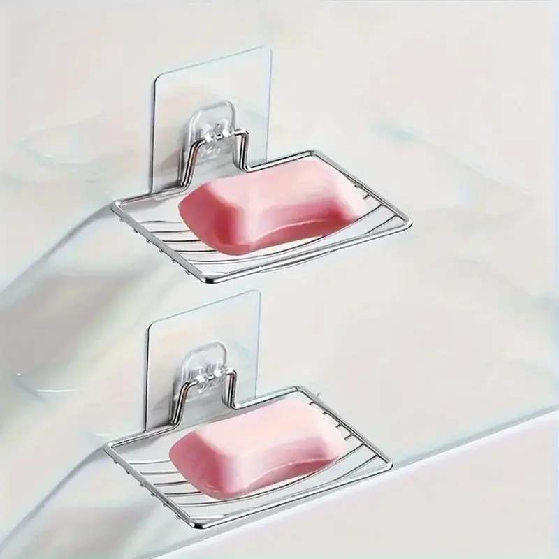 1Pc Stainless Steel Square Soap Dish Holder - Self Adhesive Wall Mount With Drain Hole Storage Shelf For Bathroom Supplies 2
