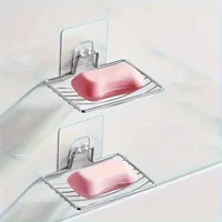 1Pc Stainless Steel Square Soap Dish Holder - Self Adhesive Wall Mount With Drain Hole Storage Shelf For Bathroom Supplies 2