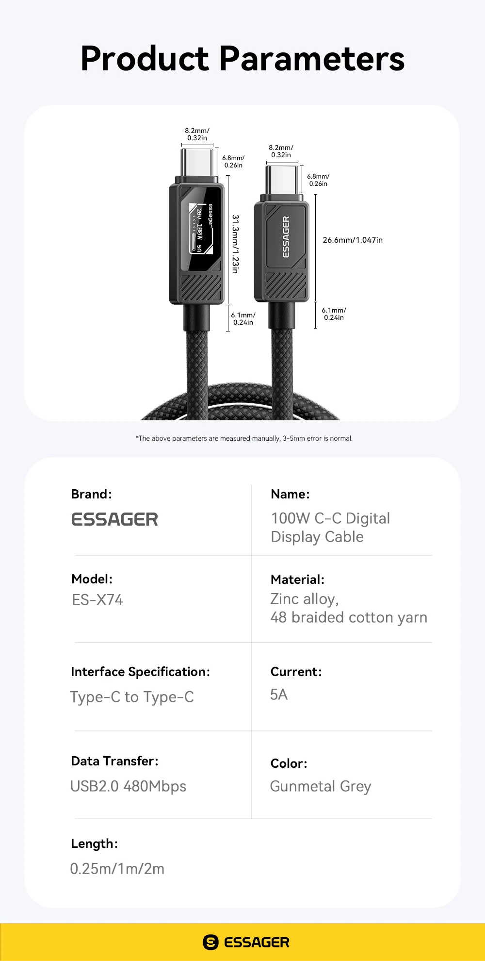 Essager PD 100 W Schnellladung Typ C auf Typ C Kabel Display USB A auf USB C Kabel für iPhone 16 MacBook Samsung Huawei Xiaomi – Detail 12