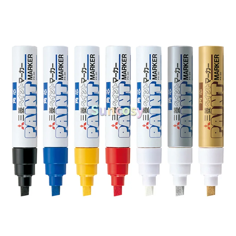 12개 유니 PX-30 페인트 마커 - 타이어용 굵은 끌형 팁 터치업 펜, 방수 및 색바램 방지, 4.0-8.5mm 밝은 색상 표시 펜