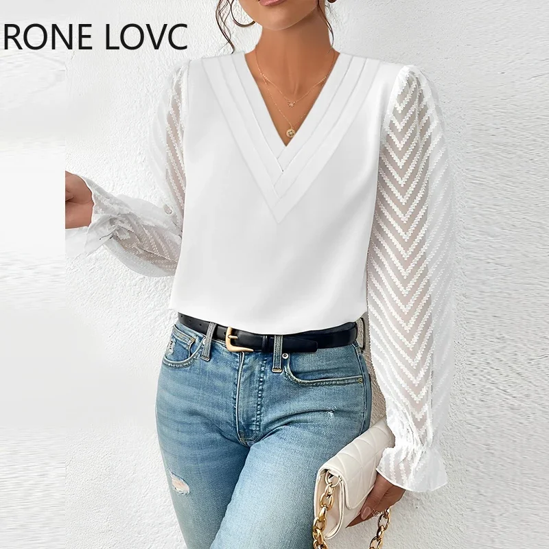 

Женская шикарная однотонная блузка с V-образным вырезом и длинными сетчатыми рукавами, Повседневная Рабочая блузка, Топ