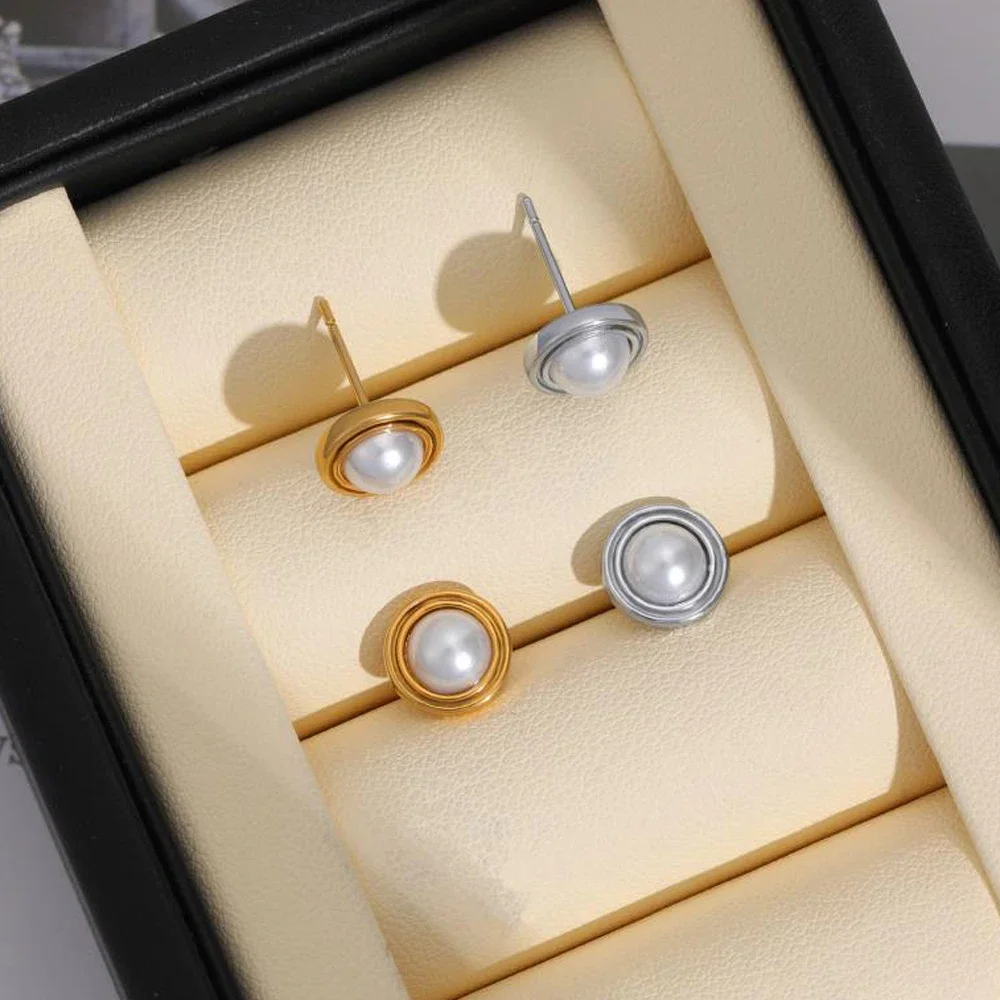 Stainless Steel Chunky Tiny Circle Ear Studs Versatile Daily Mini Imitation Pearl Stud Earrings Statement Jewelry Party Gifts