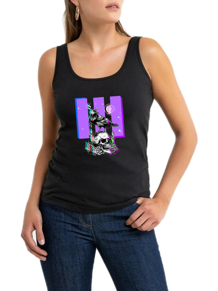 

Crow Skull Tarot Card Occult Raven Fortune Teller Design Sexy Tank Tops Women's Street Fashion Cool Gothic Sleeveless Tee Shirt