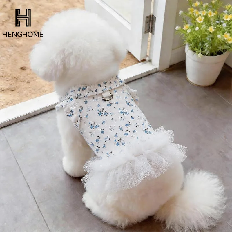 1Pcs 테디 꽃무늬 플라잉 슬리브 조끼 강아지 옷 애완견 봄 메쉬 패치워크 푹신한 드레스 소형견 강아지 옷
