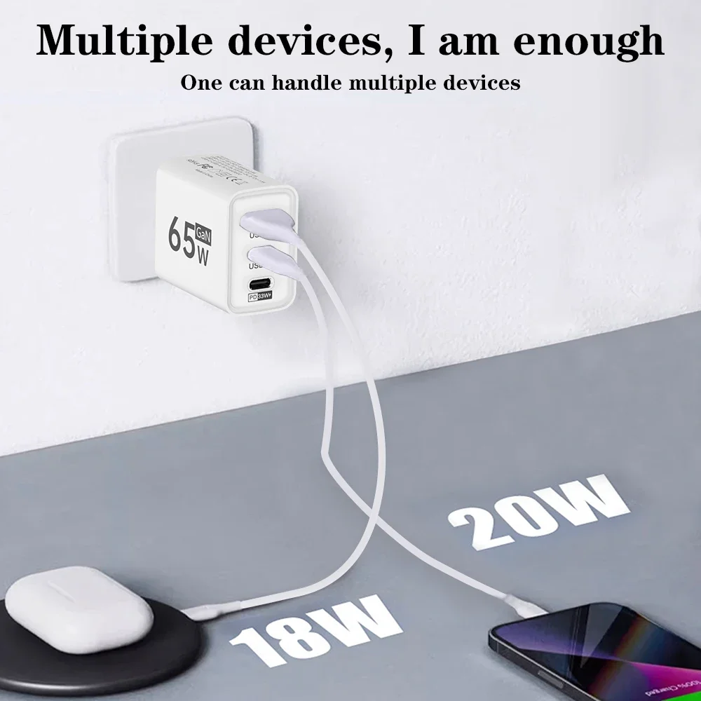 65W GaN PD USB C Fast Charger 3 Port EU US Quick Charge 3.0 For iPhone 16 15 14 Pro Max Xiaomi Samsung Mobile Phone Wall Adapter