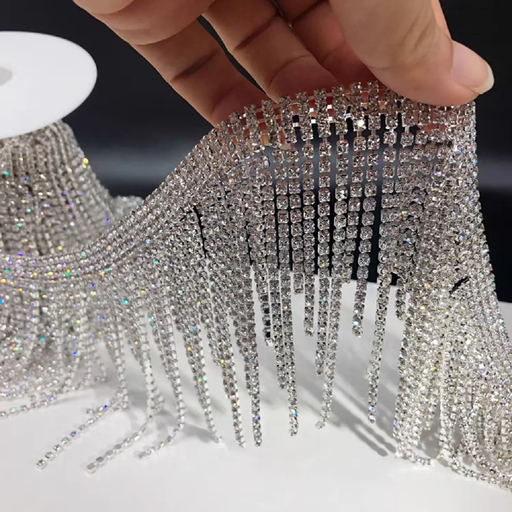 원피스 코스튬 쿠튀르 스파클 프린지, 넓은 라인스톤 체인 프린지, 패션 라인스톤 프린지, 전등갓 프린지, 50cm 길이, 11.5cm