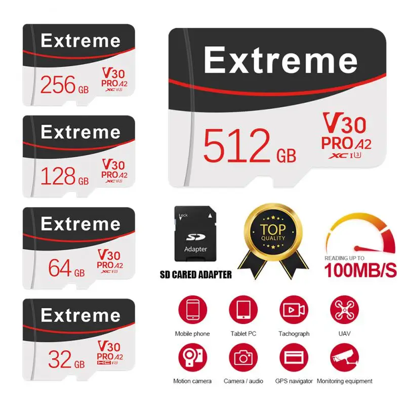 

128 ГБ Micro Mini SD Card SDXC UHS-I Карта флэш-памяти класса 10 U3 V30 A1 Высокоскоростная TF-карта до 100 МБ/с Запись видео Full HD