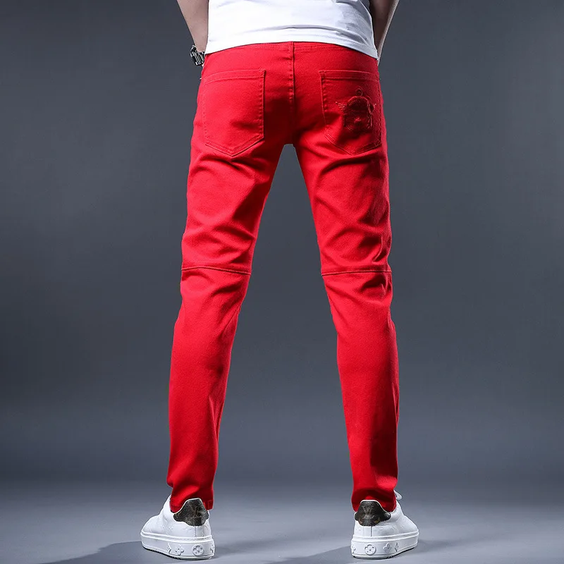 Men's Jeans New Yellow Red White Jeans Men Fashion Slim Fit Straight Pants Summer Streetwear Ripped Patch Denim Trousers