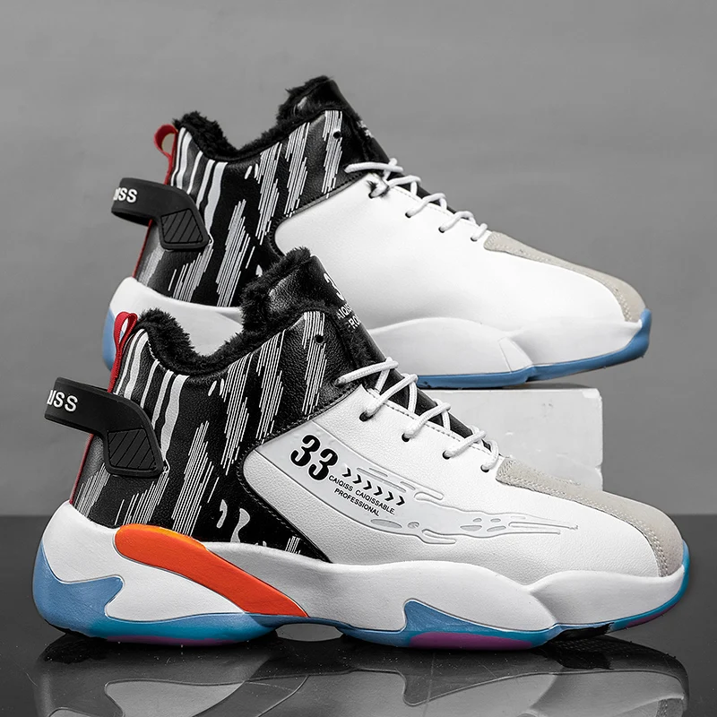 Men's Sports Basketball Shoes, Fashionable and Trendy, Classic Lace-Up Style with Wear-Resistant Soles, Couple Style Color Scheme, Providing Thick Warmth and Comfort for Casual and Outdoor Use in Autumn and Winter
