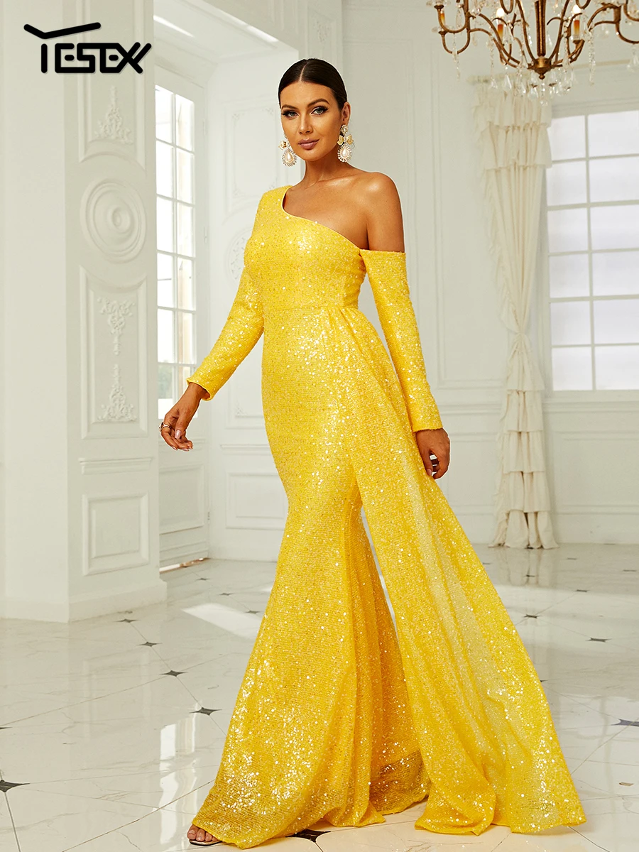 Yesexy One Shoulder Draped Maxi Sequin Formal Dress Women Summer Elegant  Wedding Party Long Sleeve Fashion Evening Yellow - AliExpress 200000345
