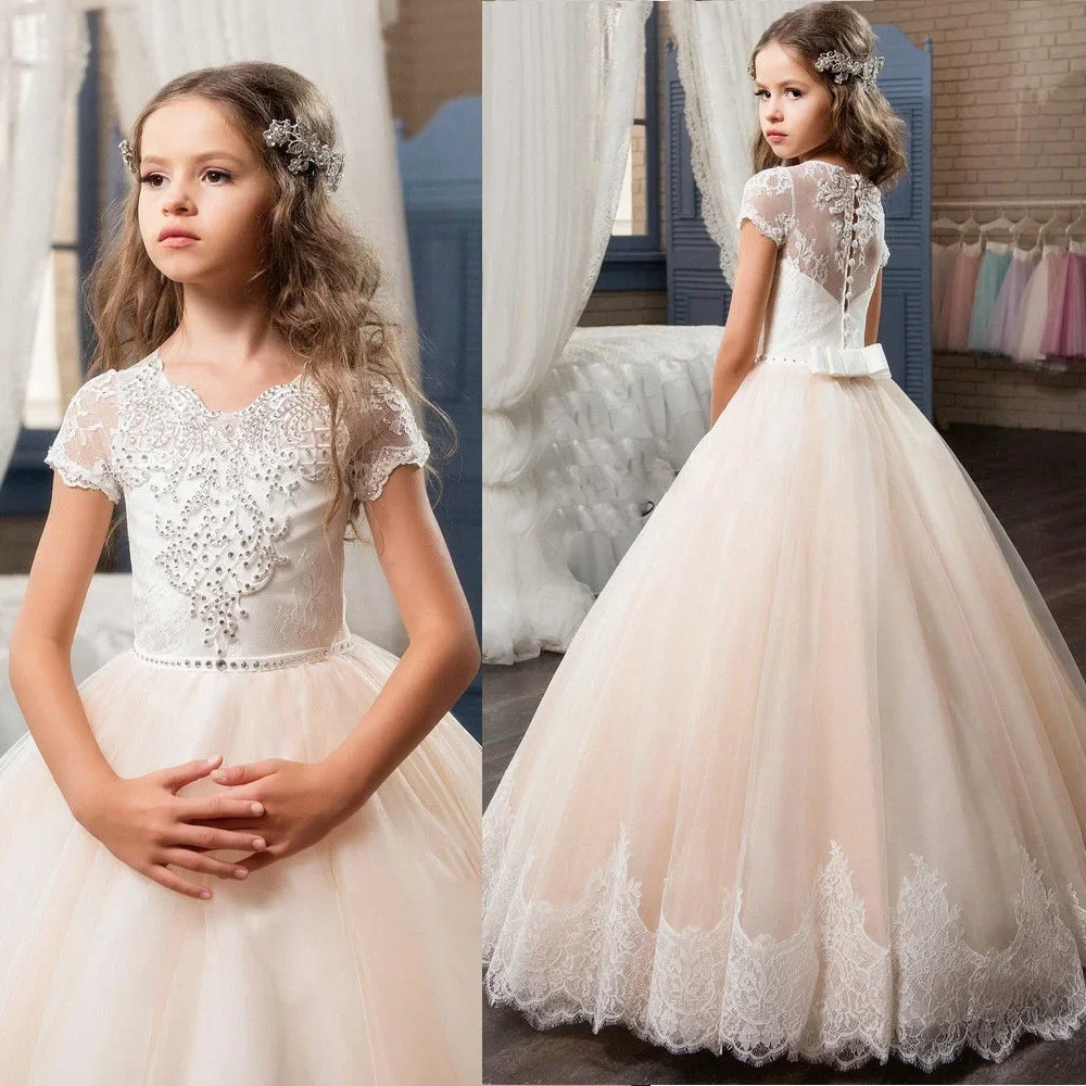 

First Communion Junior Bridesmaid Gowns Champagne Tulle Flower Girl Dress For Wedding Short Sleeve Kids Birthday Party Princess