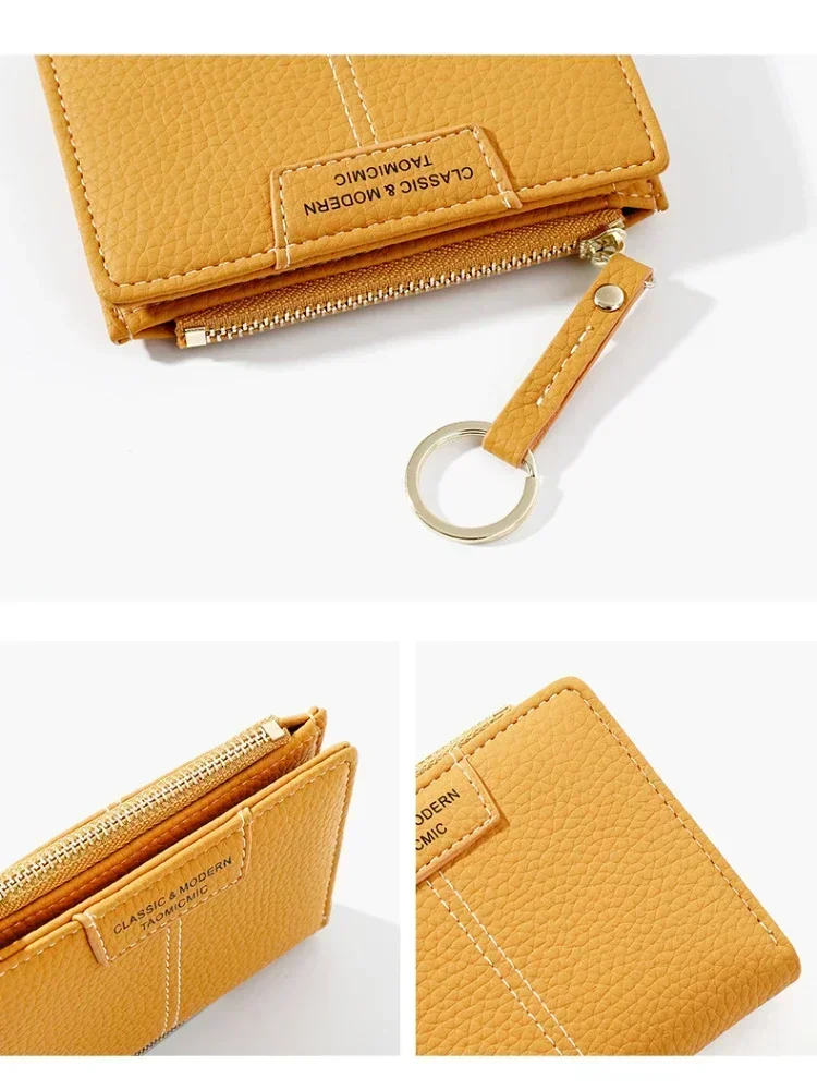 Mini Hasp Card Holder Coin Short Wallets Slim Small Purse Zipper Keychain Yellow Women Wallet Soft PU Leather Female Purse 5