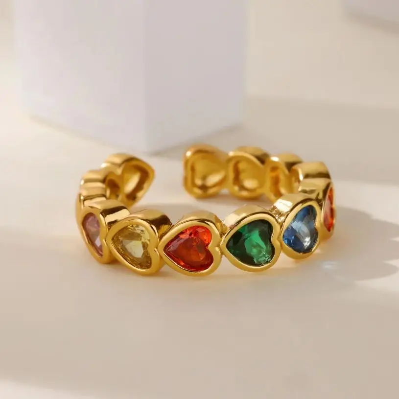 Colorful Rainbow Zircon Heart Rings For Women