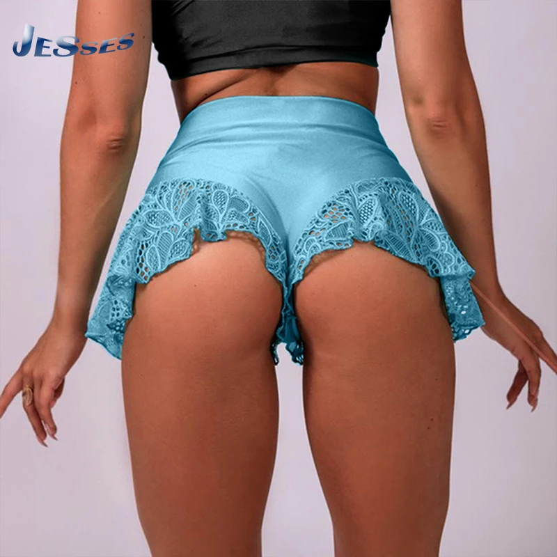 

Women Dancing Shorts Solid Color Hip-lifting Tight Fashion Shorts Lace Stitching High-waist Fitness Short For Lady 3XL