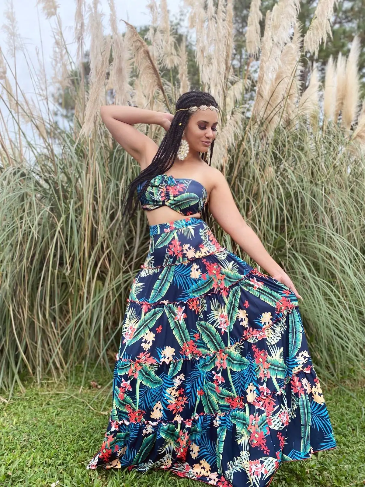 

Women's Summer Printed 2 Piece Outfit Crop Tube Tops and Maxi Long Tiered Skirt Set Wedding Guest Cocktail Dresses